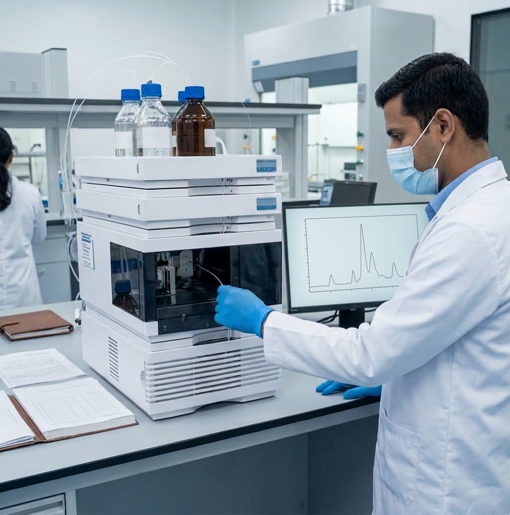 Analyst operating an HPLC system while reviewing a chromatogram