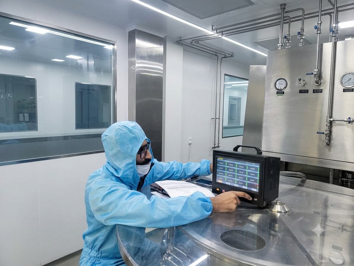 Validation engineer recording data from a cleanroom process monitor