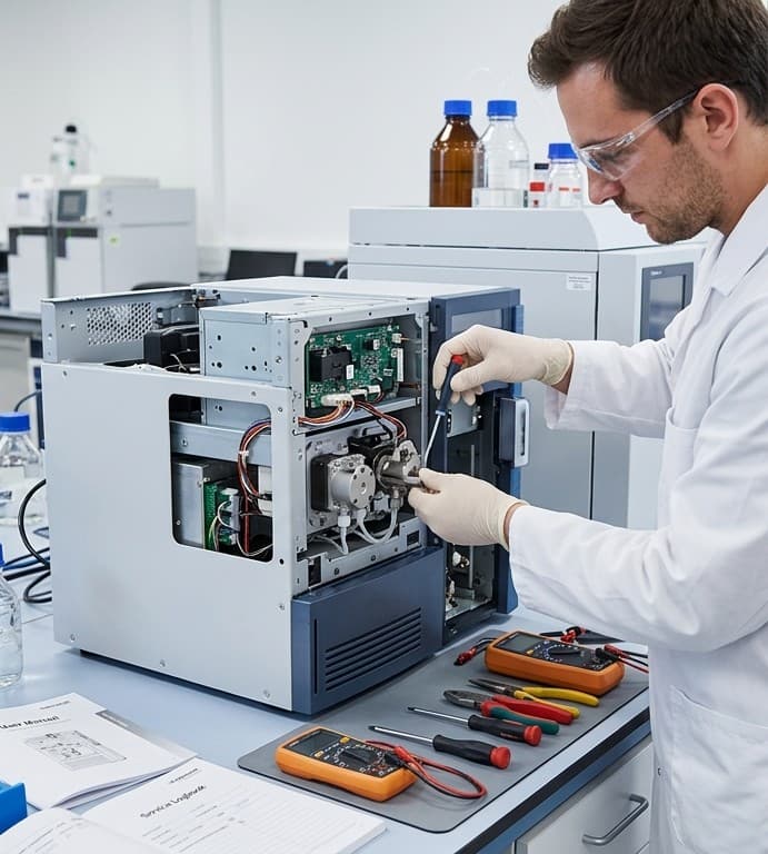 Engineer servicing the internals of a laboratory instrument at a workbench