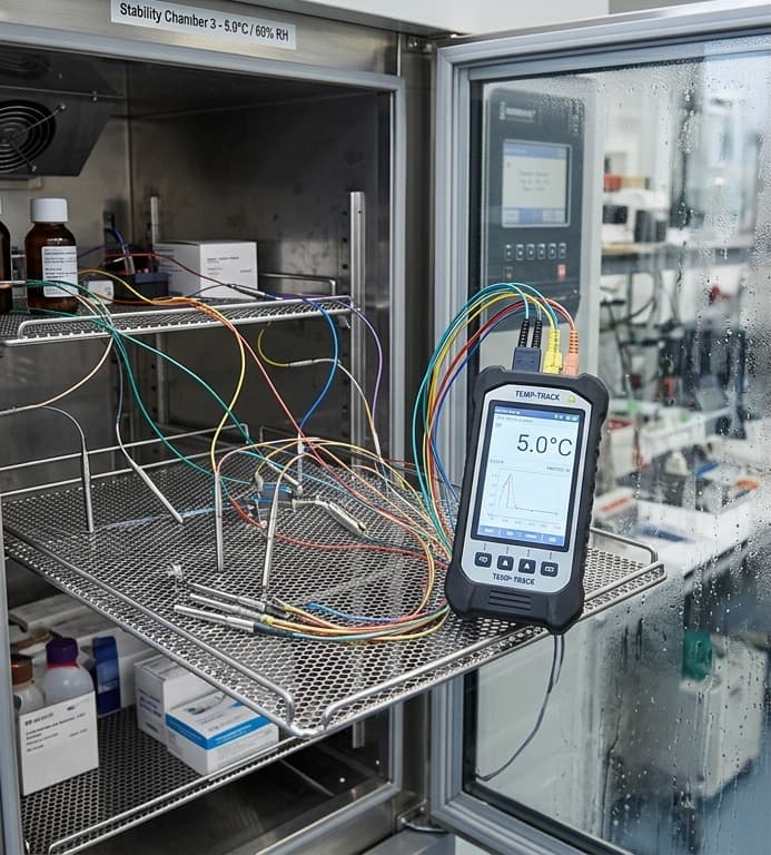 Temperature probes and a data logger mapping a stability chamber