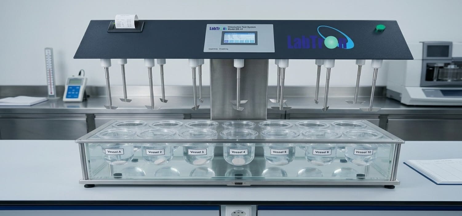 LABTRON dissolution test system with paddle drives lowered over a row of labelled vessels