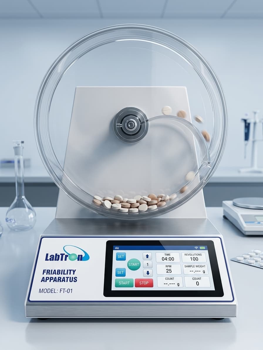 LABTRON FT-01 friability apparatus with tablets tumbling in the transparent drum